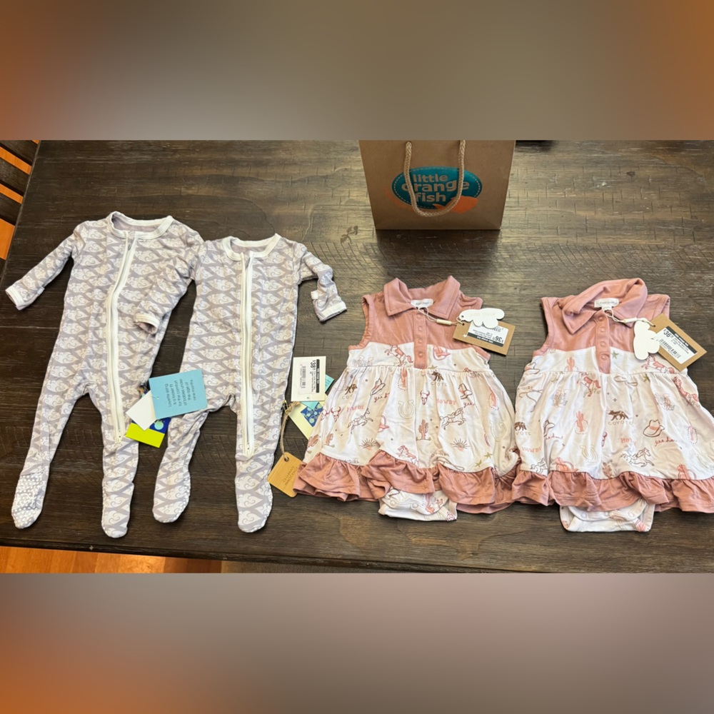 New twins outfit 0-3mo and NB size cloud onesie and 3-6month dresses.